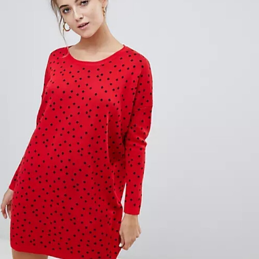 Willow & Paige ASOS Size Medium Polka Dot Long Sleeve Mini Sweater Dress Red